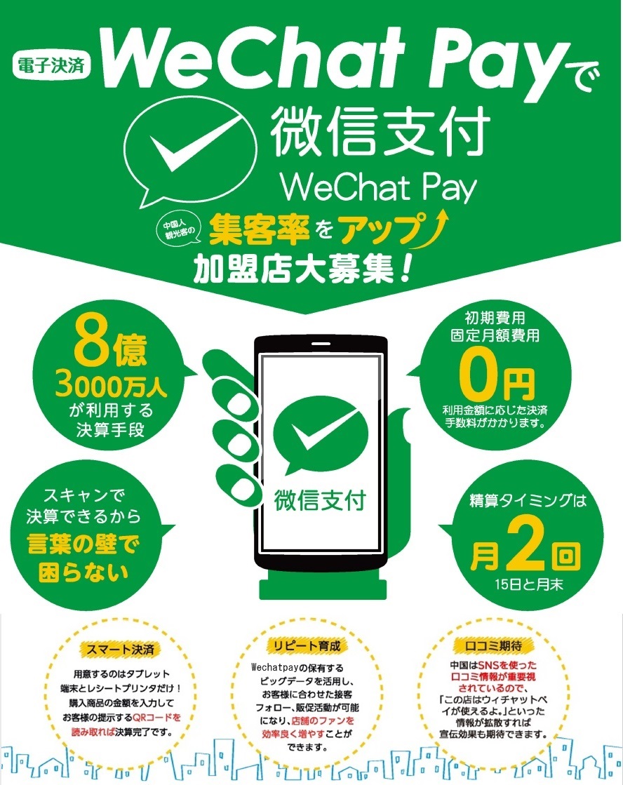 中国人観光客対策、ウィチャットペイ(Wechat Pay/微信支付)の導入なら！加盟店大募集